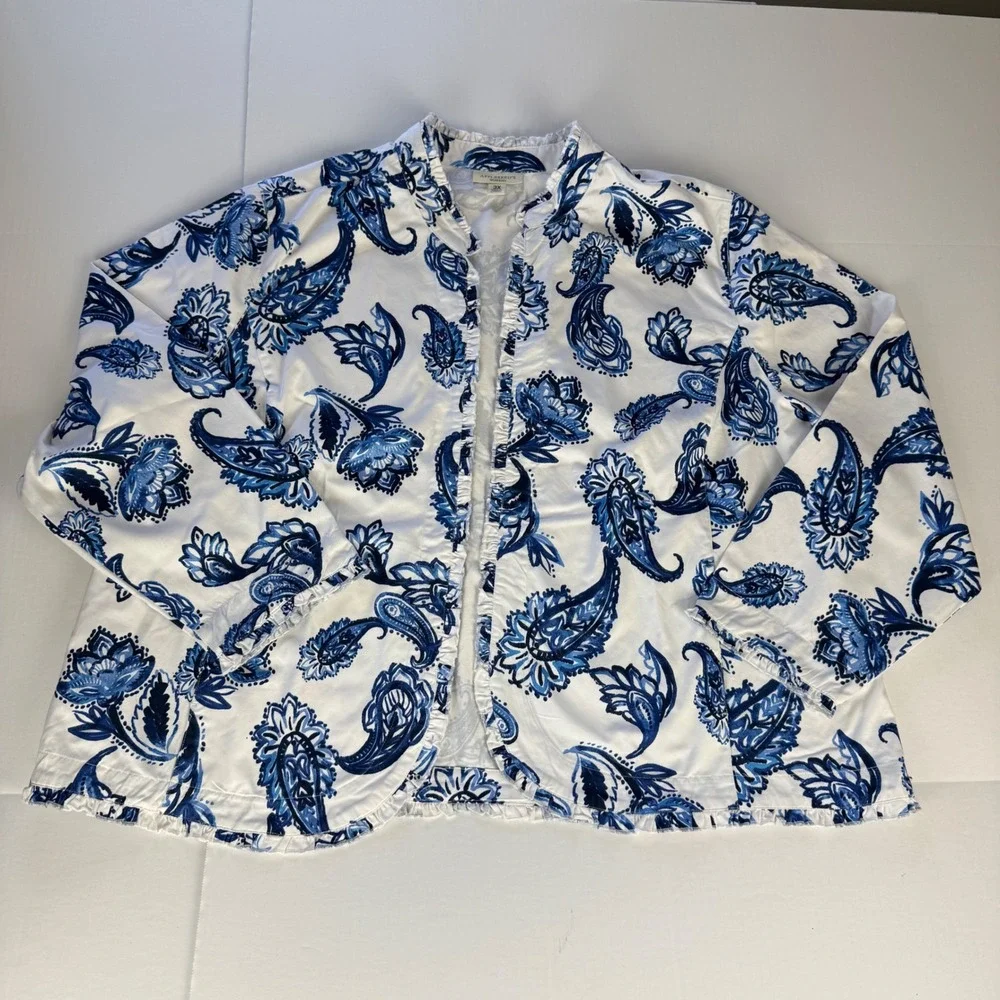 Appleseeds Blue White Paisley Ruffle Trim Open Front Jacket Womens Plus 3X - Picture 8 of 9